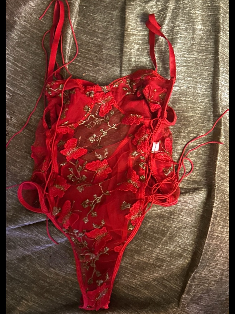 Red Floral  Butterfly Embroidered Sheer Butterfly Bodysuit M